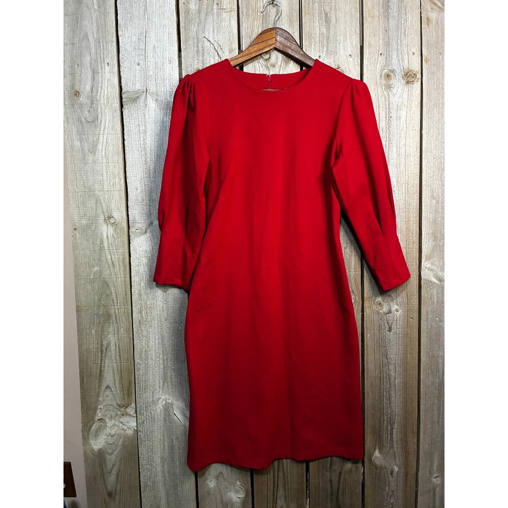 J.McLaughlin Red Puff Sleeve Ponte Sheath Dress Small Three Quarter Sleeve